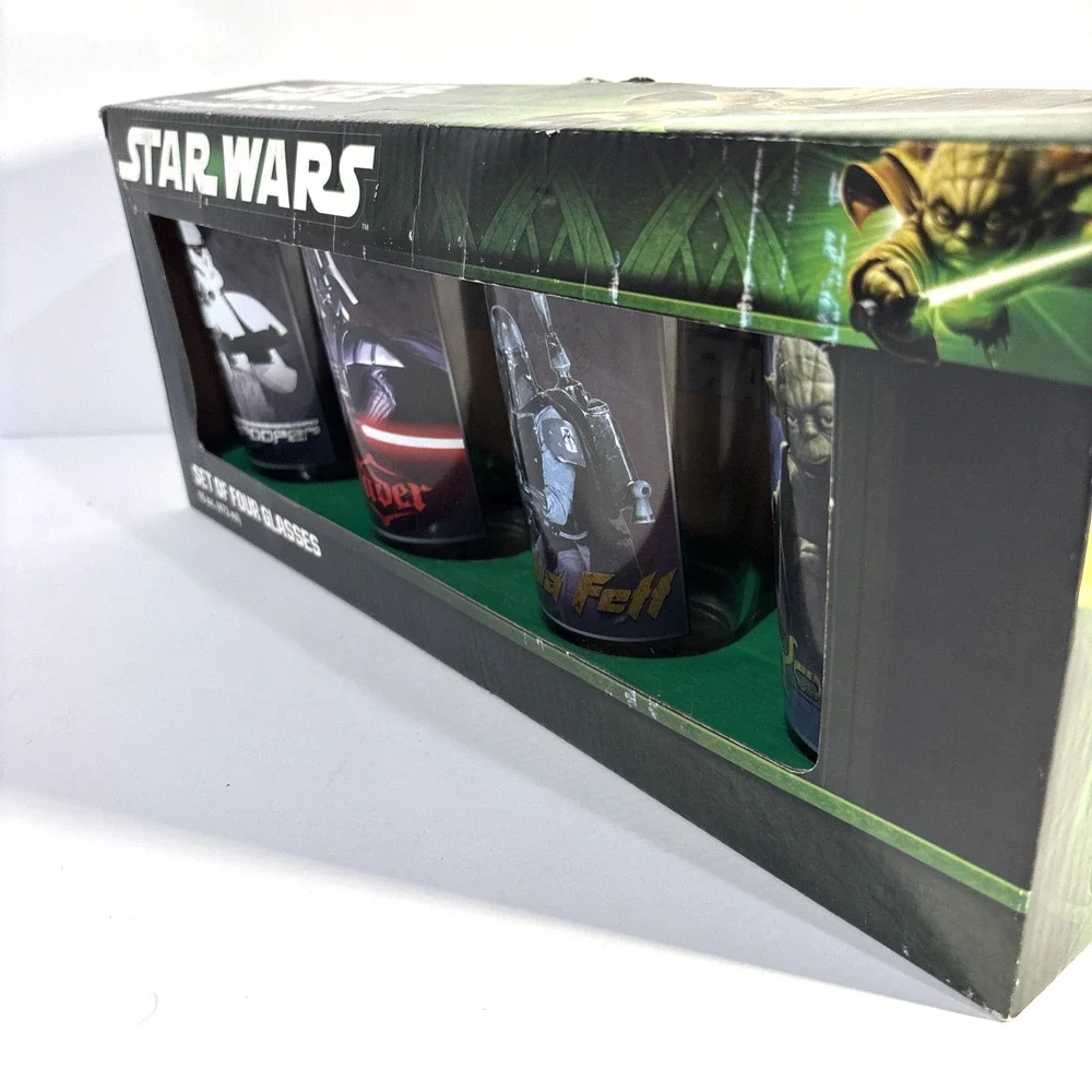 Star Wars 4 Piece Glassware Set Darth Vader Boba Fett Yoda Storm Trooper NIB